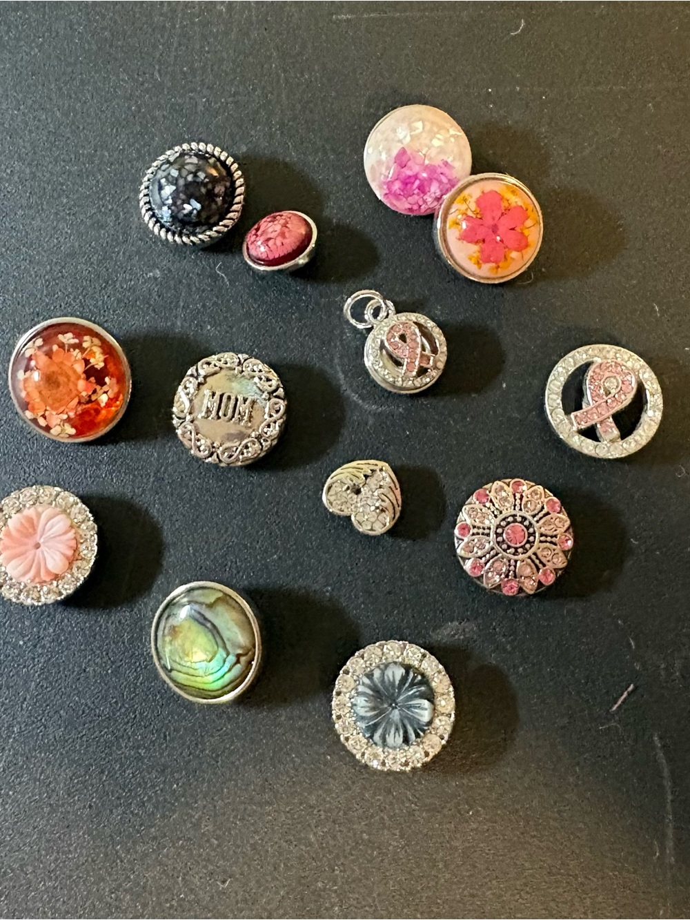Assorted Floral and Rhinestone Snap Charms in Pink, Coral, Black and Silver